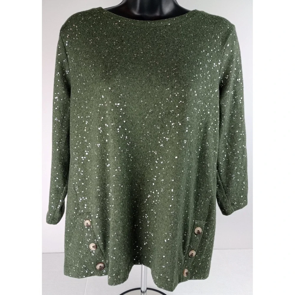 Emily Daniels Women's Size M Green Silver Pullover 3/4 Sleeve Sweater